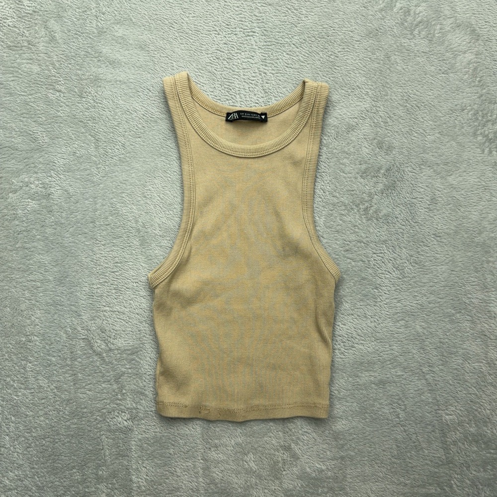 Zara Tank Top Womens Small Tan Beige Ribbed Knit Racerback Crop Basic Sleeveless